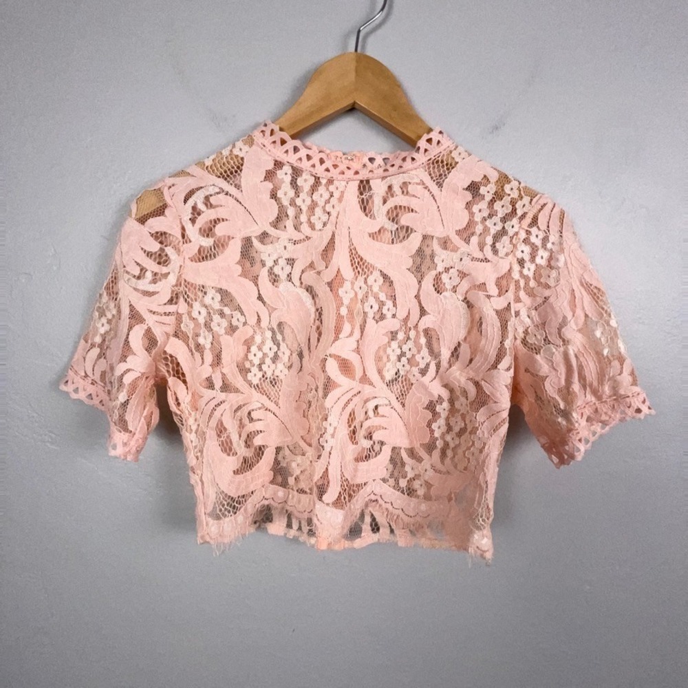 Peach Top Women Medium Pink Lace Short Sleeve Mock Neck Sheer Crop Coquette Boho